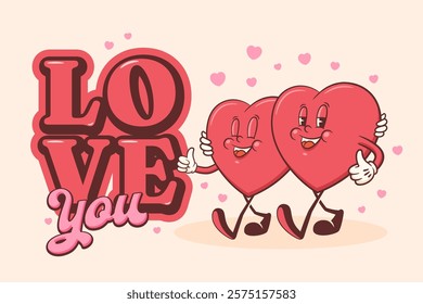 Valentines Day Groovy Hearts Retro Character Banner. Cartoon Love Holiday Personages. Vector Cute Valentine Mascot Template Background. Happy Vintage Cool Illustration. Isolated