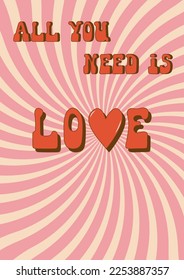 Valentine's day groovy poster or greeting card. Happy Valentines day concept in 60s 70s cartoons style. Flat vector illustration