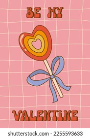 Valentine's day groovy poster or greeting card. Happy Valentines day concept in 60s 70s cartoons style. Rainbow lollipop in shape heart. Flat vector illustration
