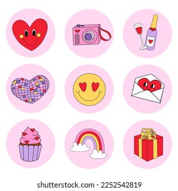 Valentines day groovy set. Retro characters: smiling heart, cute mail, rainbow, cupcake, gift, disco ball. Cartoon romantic collection with hippy illustration about love