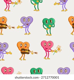Valentine's Day groovy style pattern, retro pattern. Groovy style hearts, pink, green, orange, purple colors. Seamless pattern, vector illustration, for web or print, textile. 