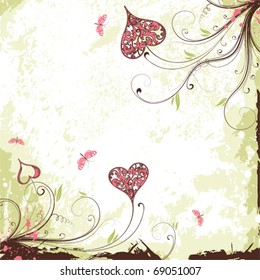 Valentines Day grunge background with Hearts, flowers and butterfly, element for design, vector illustration