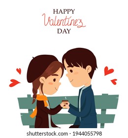 Valentine's Day. The guy and the girl look at each other. Flat style vector illustration of a young couple.