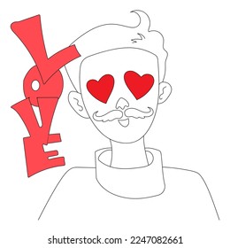 Valentines day. A guy with heart eyes