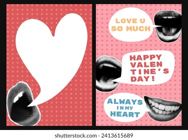 Valentines day halftone collage cards set. Lips with speech bubbles and text on dotted background. Modern retro posters, postcards, banner templates, pop art vector illustration