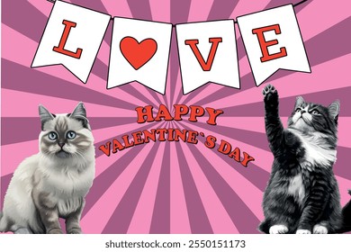 Valentines day  halftone collage with cats, love banner, and pink striped background for a cheerful celebration. Vector illustration for grunge punk surreal poster, Print design, t-shirt 
