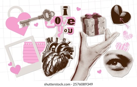 Valentine's day halftone collage cut outs stickers set. Zine Paper dotted and hand, eye, heart, lock with key, instant photo frame. Vintage vector illustration on transparent background. Vector