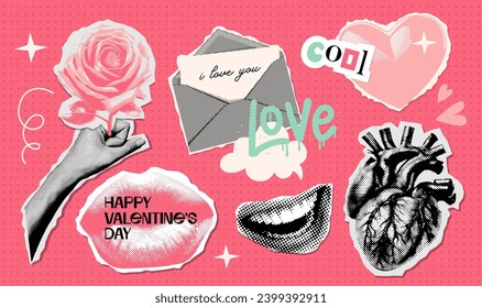 Valentine's day halftone collage elements set with doodles. Dotted paper stickers with rose, hand, mouth, hat, love letter for mixed media design. Vintage Vector illustration