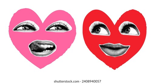 Valentines day halftone collage elements set. Cut out of magazine shapes, red and pink hearts with female eyes and mouths, lips. Modern retro grunge punk vector illustration