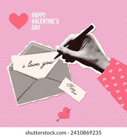 Valentines day halftone collage with hand writing a love letter. Romantic banner template. Trendy y2k style vector illustration