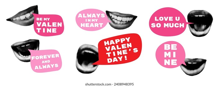 Los stickers del collage de media tonalidad del día de San Valentín ponen los labios con burbujas de habla y texto. Banners modernos de arte pop estilo revista retro con notas románticas. Ilustración del vector aislada en fondo transparente