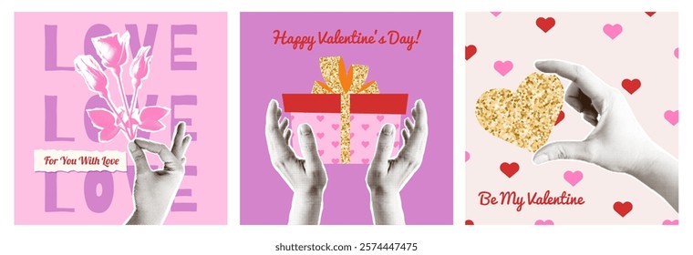 Valentines Day Halftone collage style greeting cards set. Hands holding glitter hearts, gift box, and flowers on pastel backgrounds Trendy romance mixed media style banner. Vector illustration