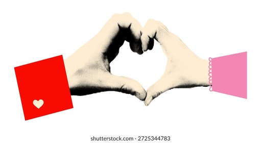 Valentines day halftone element for collage and scrapbook. Female and male hands making heart gesture, love sign sticker. Playful modern retro vector illustration isolated on transparent background
