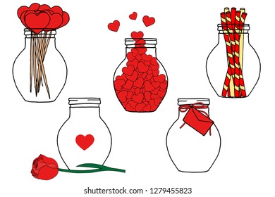 Valentine's Day hand draw set with hearts in jars and hand made home decor