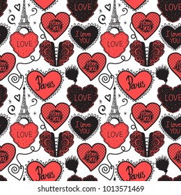 Valentine's Day. Hand drawing Concept Love in Paris passionate. Lower lingerie and the Eiffel Tower. Hearts and corsets. Seamless pattern red isolated on white background. 