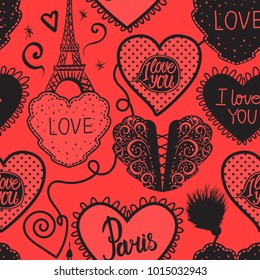 Valentine's Day. Hand drawing Concept Love in Paris passionate. Corset and the Eiffel Tower. Hearts and corsets. Vector Seamless pattern red isolated on red background. 