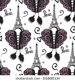 Valentine's Day. Hand drawing Concept Love in Paris passionate. Corset lacing and black ink Eiffel Tower. Hearts and corsets. Vector Seamless pattern isolated on white background. 