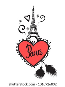 Valentine's Day. Hand drawing Concept Love in Paris . Heart red and black ink Eiffel Tower. Vector illustration isolated on white background. 