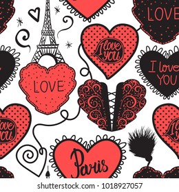Valentine's Day. Hand drawing Concept Love in Paris passionate. Lower lingerie and the Eiffel Tower. Hearts and corsets. Seamless pattern red isolated on white background. 