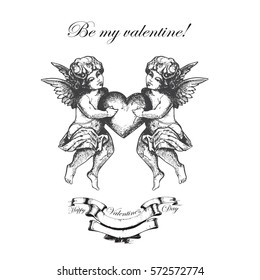 Valentines day. Hand drawn angel sketch and amur, cupid art. Vector illustration