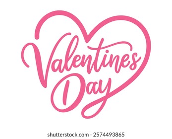 ''Valentines Day'' hand drawn with brush. With heart.Calligraphic inscriptions on white background, vector illustration.