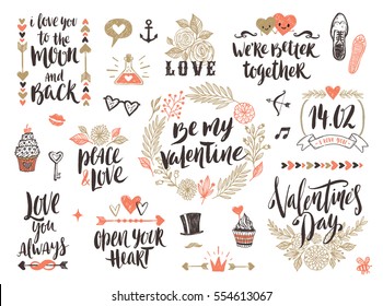 Valentine's day hand drawn calligraphy and illustration vector set