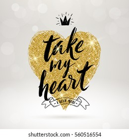 Valentine's day hand drawn calligraphy, doodle elements and glitter gold heart. Vector illustration.