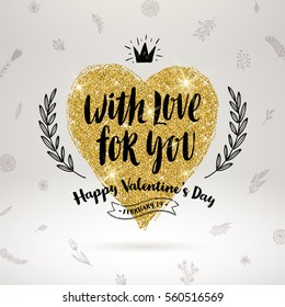 Valentine's day hand drawn calligraphy, doodle elements and glitter gold heart. Vector illustration.