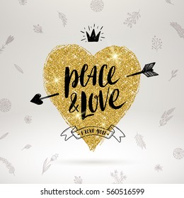 Valentine's day hand drawn calligraphy, doodle elements and glitter gold heart. Vector illustration.