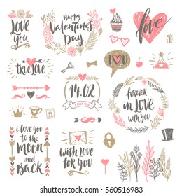 Valentine's day hand drawn calligraphy and illustration vector set