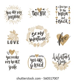 Valentine's day hand drawn calligraphy and illustration vector set