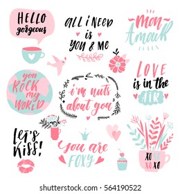 Valentine's day hand drawn calligraphy and illustration vector set. Romantic collection of holiday lettering, perfect for postcards, poster, tag, greeting cards, sticker kit.