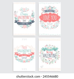 Valentine`s Day hand drawn card set. Vector illustration.