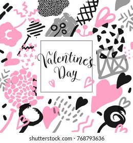 Valentines Day Hand Drawn Card with Romantic Elements. Hipster Love Memphis Background. Vintage 80s 90s Design for Fabric, Poster, Cover. Vector illustration