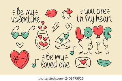 Valentines Day Hand Drawn Color Vector Doodles. Design Elements and Clipart for Valentine Day Collection with Hand Lettering. Love Theme Illustration Set with Envelope, Balloons, Ring, Glasses.
