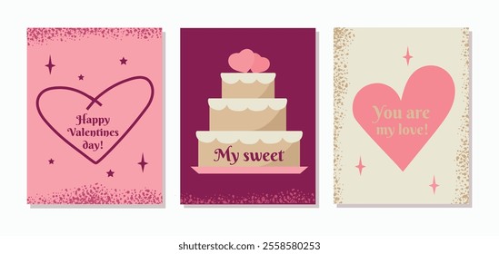 Valentine's day hand drawn concept posters set collection with hearts and wedding cake on geometric background. Cute love sale banners or greeting cards