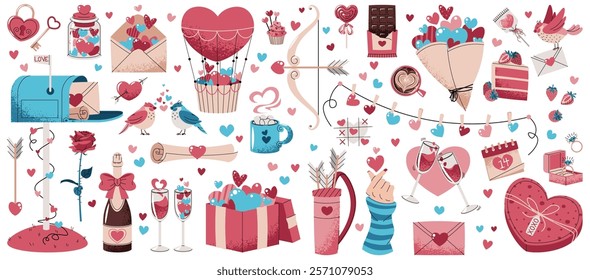 Valentine's day hand drawn cute elements set. Lovely vintage stickers in doodle style. Mailbox, bird, candy, cake, gift, champagne, hearts, etc.