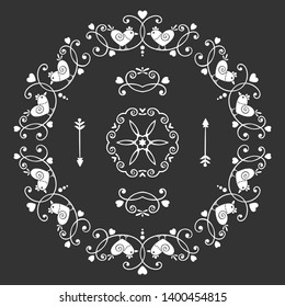 Valentine's day hand drawn decoration set in vintage style. Borders,wreath, page decoration and ornaments for 
greeting cards, gift tags, scrapbooking, wedding, invitations. Floral design with birds.