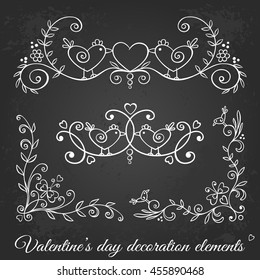 Valentine's day hand drawn decoration vector set in vintage style.Borders, page dividers,ornaments for greeting cards,stationary,gift tags,scrapbooking,wedding,invitations.Floral design with birds