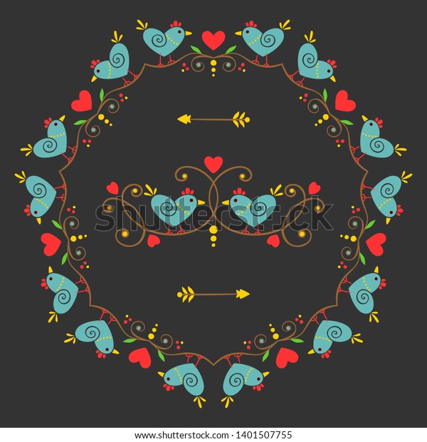 Valentine\'s day hand drawn decoration set in\
vintage style. Borders,wreath, page decoration and ornaments for\
\
greeting cards, gift tags, scrapbooking, wedding, invitations.\
Floral design with\
birds.
