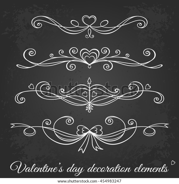 Valentine\'s day hand drawn decoration set in\
vintage style.Borders, page dividers,and ornaments for greeting\
cards,gift tags,scrapbooking,wedding,invitations.Vector\
illustration.Chalk on \
blackboard.