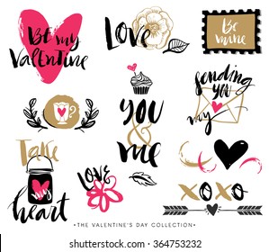 Valentines day hand drawn design elements with calligraphy. Handwritten modern lettering.