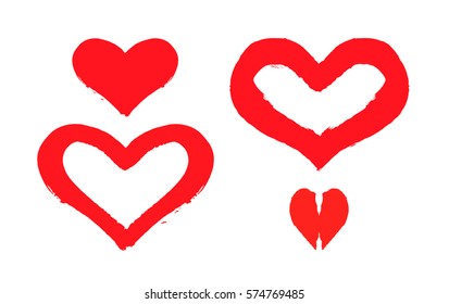 Valentines day hand drawn design elements. Modern red hearts. 
