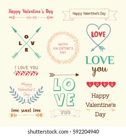Valentines day hand drawn, design elements, icons set isolated. Hand written font, lettering