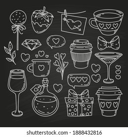 Valentine's day hand drawn doodle, outline stroke elements, holiday collection on blackboard