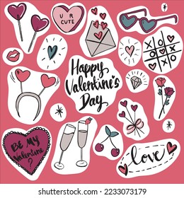 Valentine's Day hand drawn doodle sketch icons. Including champagne flutes, hearts, flowers, love letter.