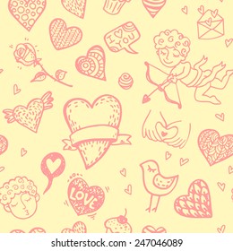 Valentine`s day hand drawn doodle background.