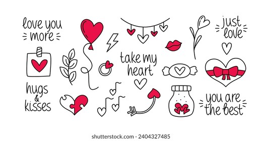 Valentine's Day Hand Drawn Doodles with Vector Calligraphic Hand Lettering. Design Elements and Clipart for Valentine Day. Cute Illustration of Love Romantic Theme.