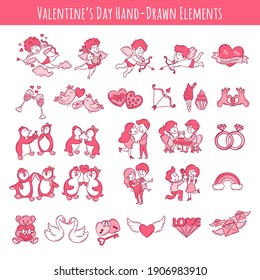 Valentine's Day Hand dibujó elementos. Elementos de amor cortos y rosas aislados en blanco