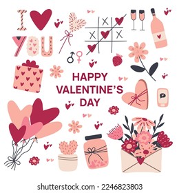 Valentines day hand drawn elements collection in trending colors. Love,romance,hearts,presents etc